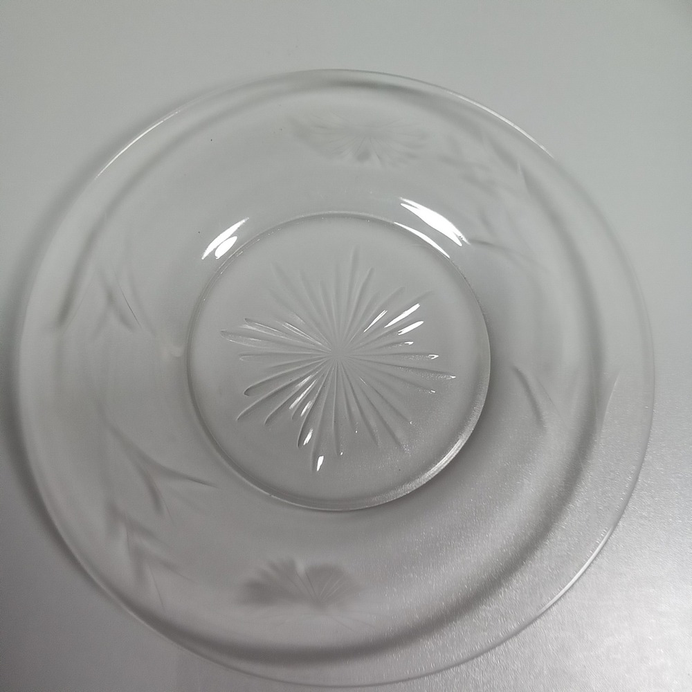 Vintage Clear Etched Glass Salad Dessert Plate Floral Wheat Sunburst 7.5 Inch
